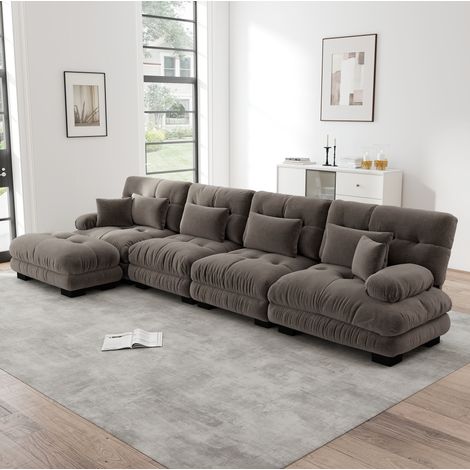 Divano dritto modulare, in tessuto felpa (chenille), con pouf mobili, marrone, 406x145x81 cm (1/5)