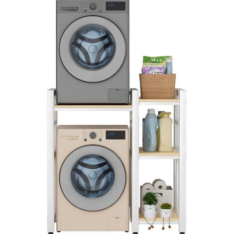 Meuble dessus machine à laver avec étagères – Support pour lave-linge séchant - portante 300kg - 3 niveaux de réglage de la hauteur - Fer+MDF – 100×63×105cm – Blanc - Convient aux petits appartements (1/4)