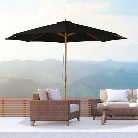 Parasol jardin 3m poteau bois 8 lattes polyester, noir