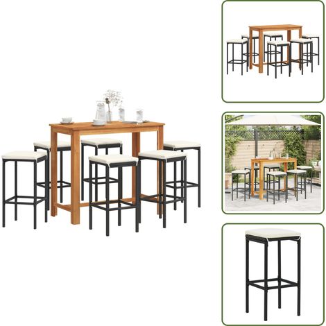 The Living Store Ensemble de bar de jardin 7 pcs noir bois massif acacia rotin - Salon De Jardin - Mobilier De Jardin - Set De Salon De Jardin - Table De Bar - Chaises De Bar