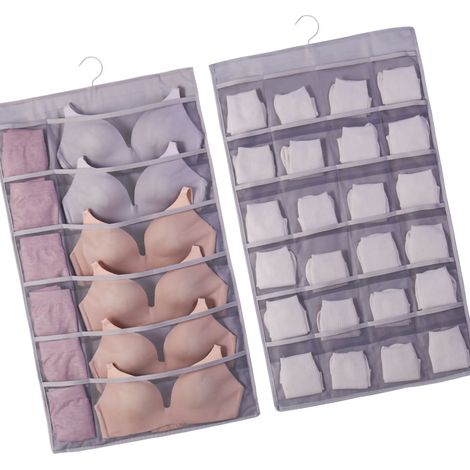 Organisateur de soutiens-gorge suspendu en tissu Oxford, double face respirant, grande capacité, rangement sous-vêtements chaussettes gris, 12 poches avant, 24 arrière