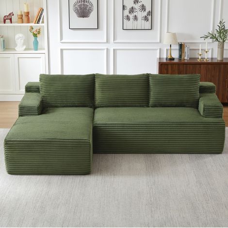 Divano angolare a L modulare con chaise longue, seduta profonda, velluto a coste verde DESVIAE (1/5)