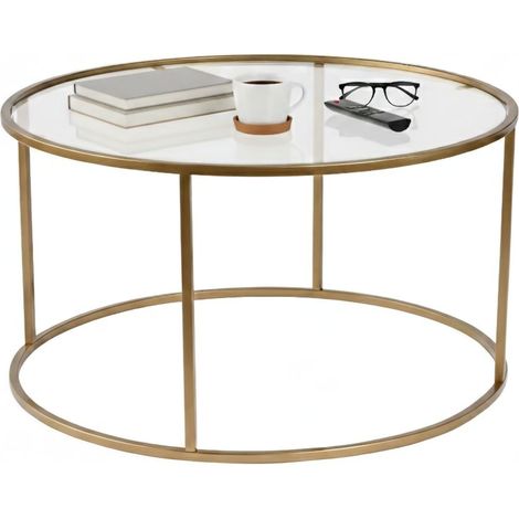 Dmora - Wohnzimmertisch Guidi, Niedriger Wohnzimmertisch, Kaffeeregal, Couchtisch für Sofa, 80x80 h43 cm, Gold und Transparent