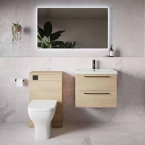 Napoli 390 Light Oak 1100mm Wall Mounted 2 Drawer Vanity Unit and Toilet Suite with Glide Basin - 1100mm - Matt Black 320mm HandleWith Kingston Toilet Pan and Seat