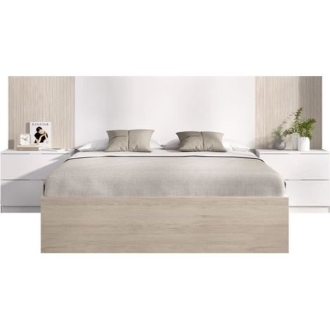 Ensemble structure de lit + tete de lit et 2 tables de nuit avec 2 tiroirs - LOMA - 160 x 200 cm - Chene naturel / Blanc (1/5)