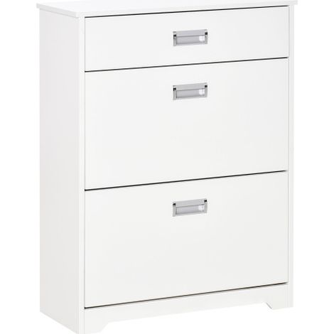 Slim Shoe Storage Cabinet with Drawer and Adjustable Shelf, Narrow Entryway Cupboard for 16 Pairs of Shoes, Stylish White Design