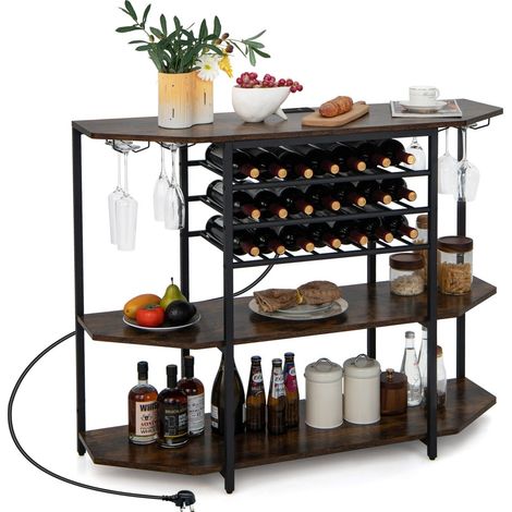 Wine Bar Cabinet 3 Tier Industrial Wine Rack with Storage Shelves Glass Holder (1/5)