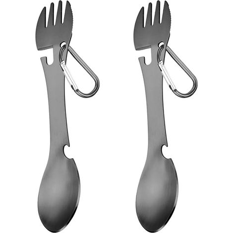 Ensemble de 2 couverts de voyage et de camping en acier inoxydable : fourchette, cuillère et ouvre-bouteille 5 en 1 pour le camping, la randonnée et la pêche. (1/5)