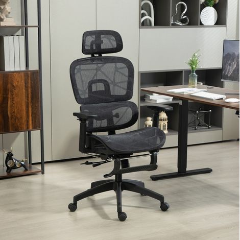 Sedia da ufficio ergonomica in rete nera con poggiatesta, supporto lombare, braccioli regolabili e reclinazione 66x64x114-122 cm (1/5)