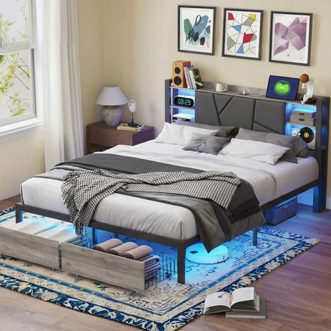 Lit Double Métal 140x200 cm avec LED Intégrée, Ports USB, Tête de Lit Capitonnée avec Rangement et 2 Tiroirs, Sommier à Lattes, Design Moderne et Pratique pour Adultes et Adolescents