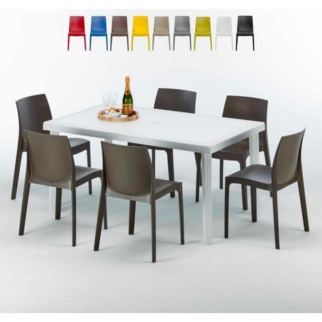 Table Rectangulaire Blanche 150x90cm Avec 6 Chaises Colorées Grand Soleil Set Extérieur Bar Café Rome Summerlife - Marron (1/5)