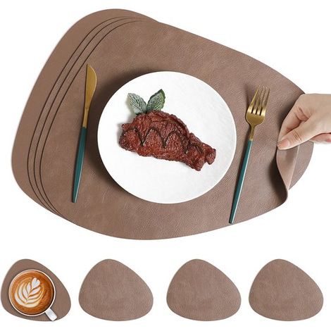 4 teiliges Vintage Tischset aus Leder mit passenden Untersetzern Dunkelbraun 42 x 34 cm