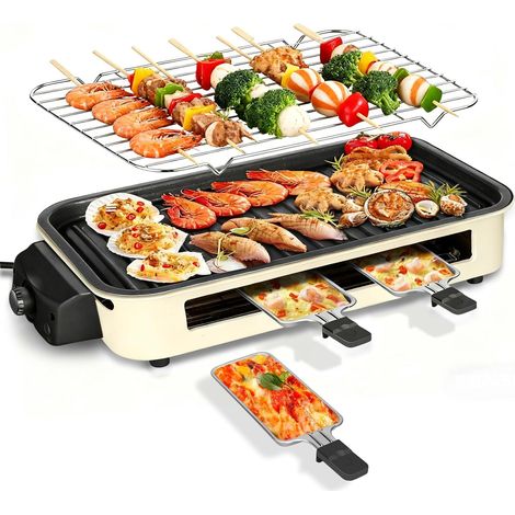 Zosudull - Appareil à raclette - Grill intérieur sans fumée 2 en 1 1500 W - Avec grille et plaque amovible antiadhésives - Contrôle de la température - Grill coréen portable - Livré avec 3 poêles à fr