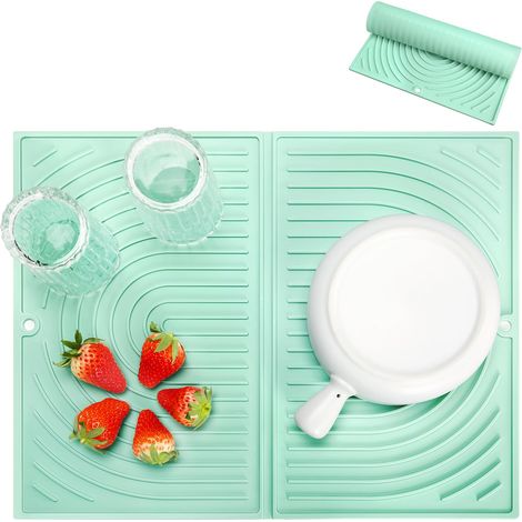 Tapis Égouttoir Vaisselle, Pliable Tapis Vaisselle, Résistant à la Chaleur Tapis de Séchage Vaisselle, Universel Antidérapant Sous-Plat en Silicone pour Cuisine (43×34 cm, Vert) (1/5)