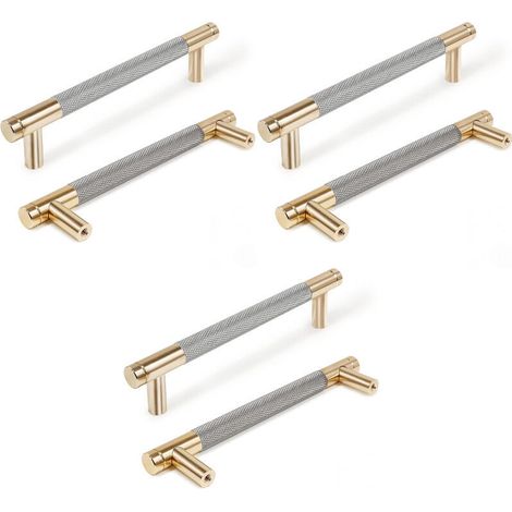 Poignées de meubles moletées, poignées d'armoires de cuisine, poignées de tiroir, entraxe 160 mm, 6 pièces (or + gris) (1/4)