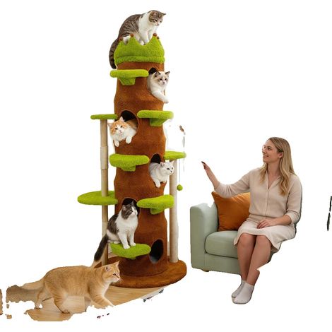 Centro de actividades para gatos, 187 cm de altura, estructura de cinco niveles, soporta gatitos de hasta 6 kg, 73 cm de diámetro de base, verde y marrón. (1/5)