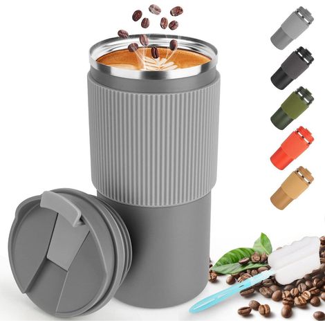 Thermobecher Isolierbecher Kaffeebecher 450ml Reisebecher Deckel Grau (1/5)