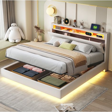 Cama canapé 160x200 cm con USB, LED, cabecero abatible y lino beige HAVRYA (1/5)