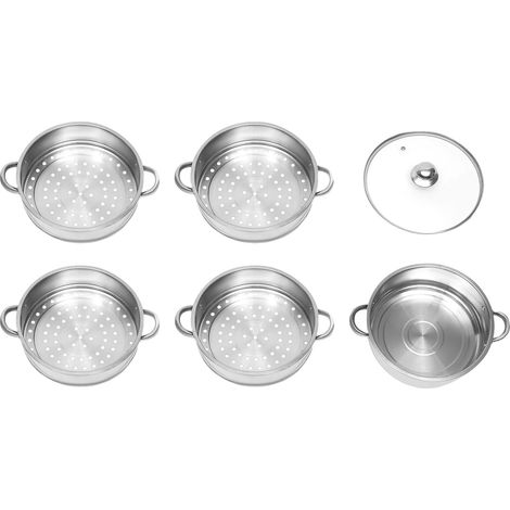 Vaporera de acero inoxidable, diseño de 5 niveles, apta para lavavajillas, color gris.