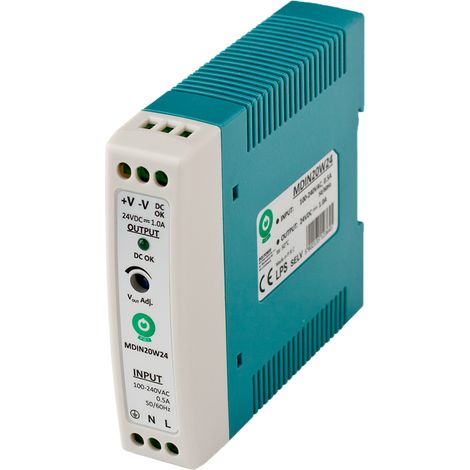 MDIN20W24: Alimentatore slim per guida DIN, 24 V/1 A, custodia in plastica