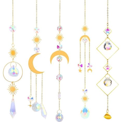 Kit acchiappasole in cristallo da 5 pezzi, ciondolo angelo arcobaleno da appendere, campanelli eolici sole stella luna (1/4)