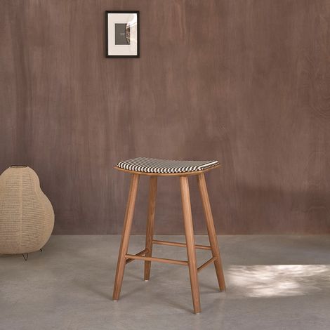 Tabouret de bar en teck massif et tissu rayé (1/5)
