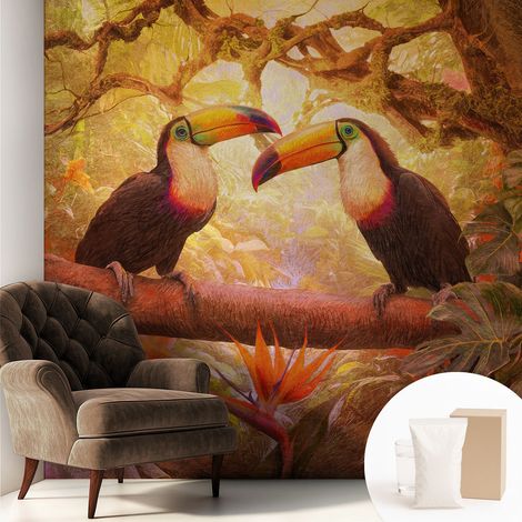 Papier peint intissé classique moderne pour salon et chambre à coucher Décoration rapide avec colle Toucans colorés 250x250 cm (1/5)