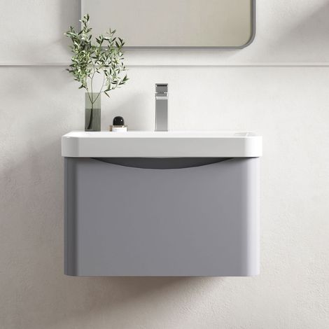 Nuie Lunar Wall Hung 1-Drawer Vanity Unit with 1TH Thin-Edged Basin 600mm Wide - Satin Grey