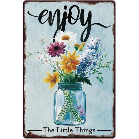 Plaque Étaine de Fleurs dans des Bouteilles en Verre, Plaque Étaine Métallique de Bouquet, Plaque Métallique, pour Maison, Man Cave, Jardin, Salon, Chambre de Fille, Décoration Murale (1/4)
