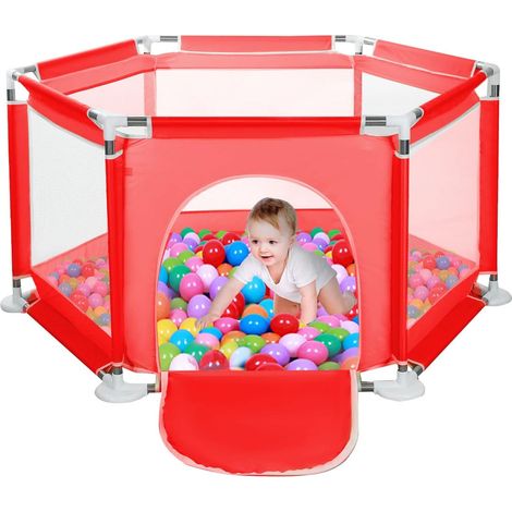 Supernic Baby Playpen Large Playpen Portable Child Safety Yard Activity Center with Basketball Hoop Toddler Fence with Breathable Mesh Extra Large Play Yard for Boys Girls Babies (Six-Plate, Red) (1/5)