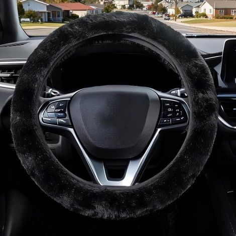 Housse de volant pour voiture - Peluche courte et douce - Maintient la chaleur - Antidérapante - Pour volant de 37 à 38 cm - Zwart (1/5)