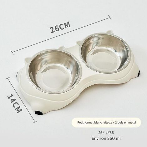 Gamelle double en acier inoxydable pour chat, anti-basculement, protège-cou, pour eau et nourriture, confortable, petit modèle blanc (26 × 14 × 7,5 cm, contenance 350 ml) (1/5)