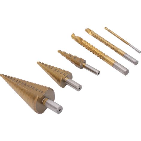 6-teiliges Set Titan-HSS-Bohrer, Rundschaftbohrer, gerader Nutbohrer, Stufenbohrer für dünnes Holz und Metall (1/5)