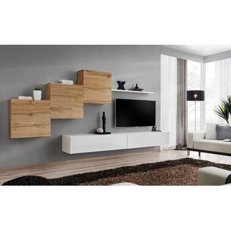 Ensemble mural - Switch X - 3 vitrines carrées - 2 bancs TV - 1 étagère - Bois et blanc - Modèle 1 - Livraison gratuite