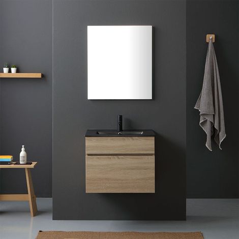 Mobile sospeso quercia naturale per bagno 60cm lavabo nero opaco  Sole (1/5)