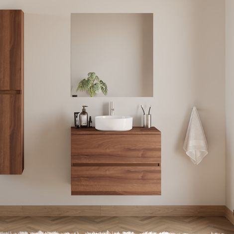 Meuble de salle de bain 70cm avec plateau et vasque à poser ronde - 2 tiroirs - noyer (bois foncé) - IDA (1/5)