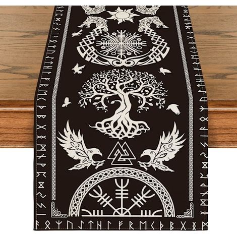 LYERCW - Chemin de table « Arbre de Vie Viking Noir » avec casque de corbeau, décoration de table saisonnière pour la cuisine ou les fêtes à la maison, 33 x 183 cm