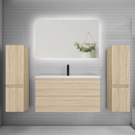 Ensemble meuble de salle de bain et lavabo chêne (L.100cm) 2 tiroirs + meuble haut2 + lavabo + miroir LED