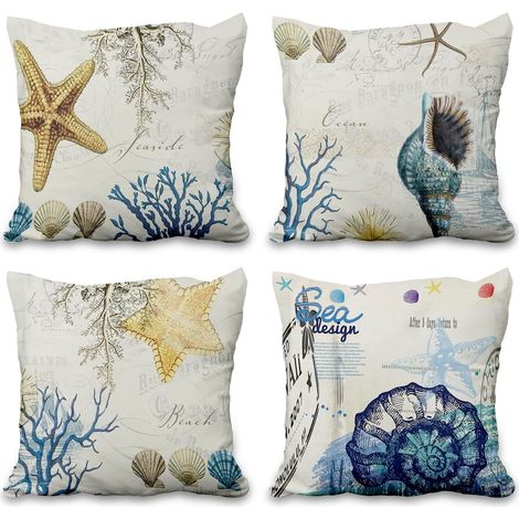 46x46cm Lot de 4 Thème De L'Océan Housse De Coussin Plage Conque Étoile De Mer Corail Lin De Coussin carré Taie d'oreiller pour Été Chambre À Coucher Salon Extérieur Jardin Canapé Voiture (1/5)
