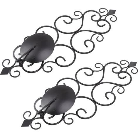 Lot de 2 bougeoirs muraux en fer noir de style classique raffiné, parfaits pour le salon, la chambre ou le couloir. (1/5)