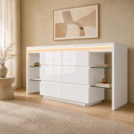 Commode blanche laquée brillante, buffet avec éclairage LED intelligent et commande par application, buffet en bois avec 6 tiroirs et 4 étagères en verre, meuble moderne et multifonctionnel pour le sa (1/5)