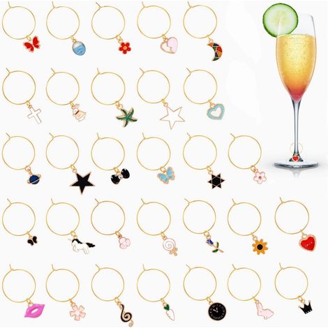 30x Weinglas Anhänger mit Schnalle, diverse Motive, für Party & Bar (1/5)