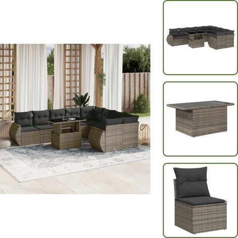 Salon de jardin avec coussins 10 pcs gris résine tressée - Ensemble Salon Jardin - Meuble Extérieur - Résine Tressée - Rotin Synthétique - Table Extensible (1/5)