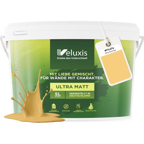 Wandfarbe Gelb Gold Creme Matt Innenfarbe – Deckkraft Klasse 1, VOC-frei, Ohne Grundierung, Tropfarm – Wohnzimmer & Schlafzimmer – 5L – Veluxis (Playful Pineapple)