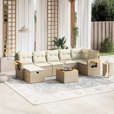 Ensemble de jardin 8 places en résine tressée beige avec coussins lavables - Salon d'extérieur modulaire avec table acacia (1/4)