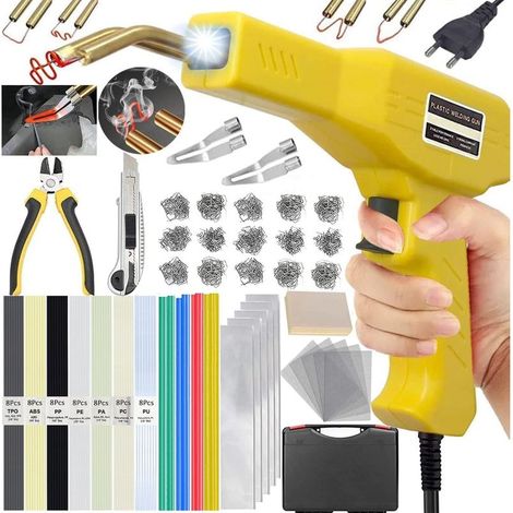 220W Soudure Plastique, 2 en 1 Kit Reparation Souder Plastique, Soudeuse Plastique avec 800Pcs 6-Types Agrafeuse Chaud, 64Pcs Bâtons Soudage&2 Grattoi, Soudage Plastique pour Réparer Pare-Chocs Auto
