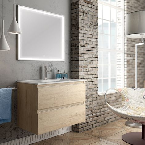 Meuble de salle de bain simple vasque - 2 tiroirs - bambou (chêne clair) - BALEA et miroir Led VELDI - 100cm (1/5)