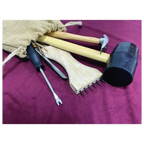 Secodir – Kit outils tapissier 5 pièces – Maillet caoutchouc, ciseau à dégarnir, marteau aimanté – Sac jute naturel pour rangement