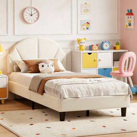 Lit enfant 90x190 cm en velours beige, Lit simple rembourrée avec avec tête de lit à hauteur réglable, Cadre de lit 90x190 avec sommier à lattes pour Fille Adolescent, sans Matelas (1/5)