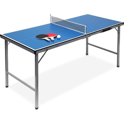 Table de ping-pong midi de table, table pliante pour intérieur et extérieur, balle et palettes incluses, 150 x 67 x 71 cm Bleu/Argenté/Noir (1/5)